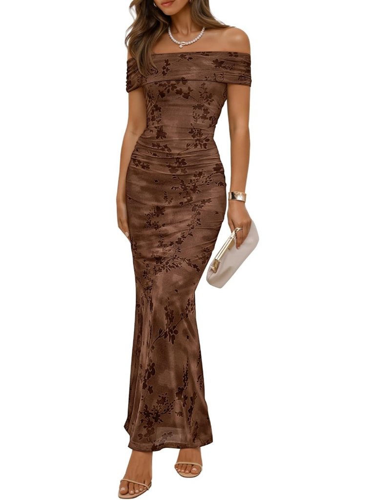 Women's Brown Off Shoulder Floral Bodycon Ruched Elegant Formal Maxi Dress